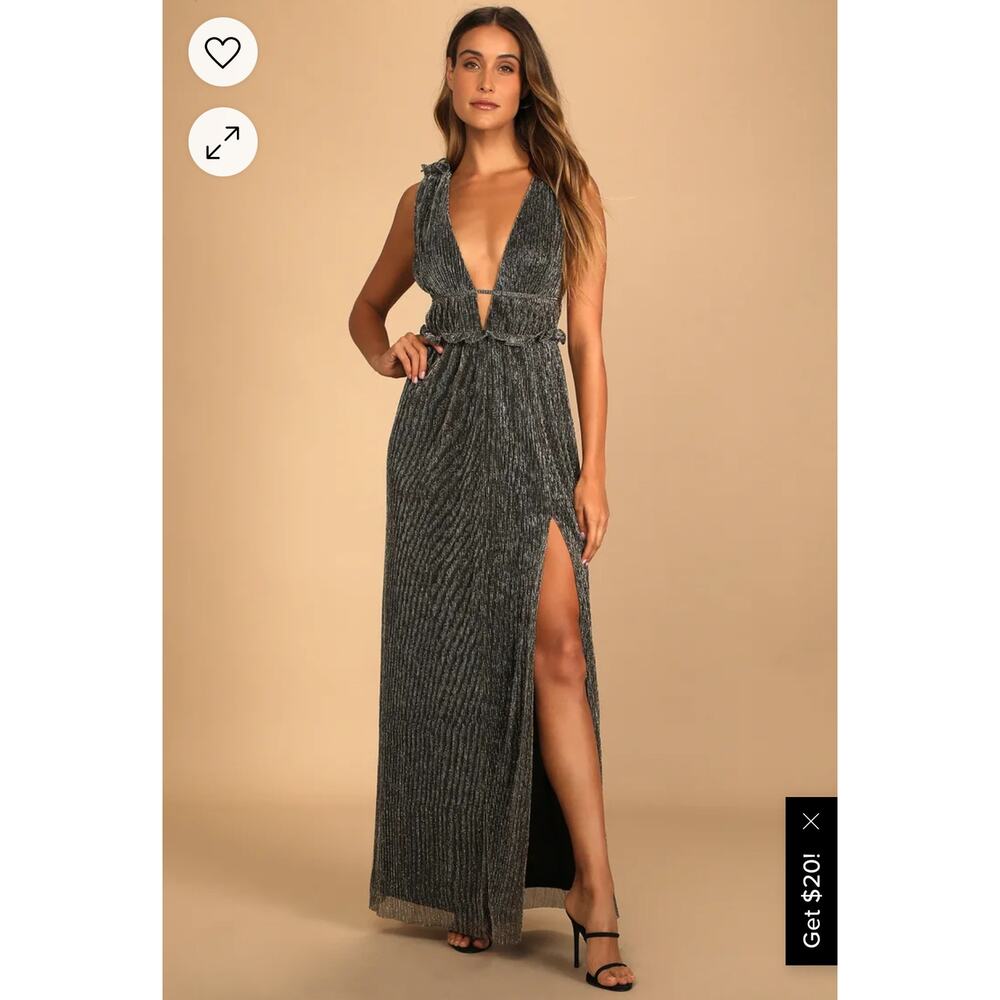 Lulu's Silver Metallic Plunging Maxi Dress with Side Slit